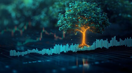 Poster - Flourishing financial tree growing out of a dynamic market chart representing the growth and success of investment economy and technology