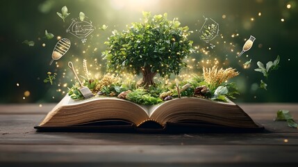 Poster - An open book with glowing pages reveals a lush tree surrounded by thriving crops like rice wheat and corn symbolizing the power of agricultural knowledge  The scene is bathed in golden light