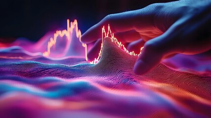 Poster - Futuristic holographic projection of dynamic data visualizations including a fluctuating market graph used for financial analysis investment tracking and strategic decision making