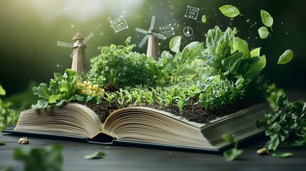 Poster - a yet fantastical open book displaying a vivid three dimensional farm landscape with rows of crops w