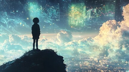 Poster - Silhouetted figure standing on a cliff overlooking a sprawling city with colorful data visualizations and charts projected across the night sky creating a sense of wonder imagination