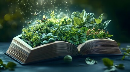 Poster - a futuristic open book projecting a harmonious holographic vision of the future of agriculture with 