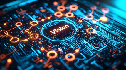 Poster - Futuristic holographic display showcasing a network of interconnected digital goals and targets glowing around a central vision icon representing strategy innovation and potential for progress