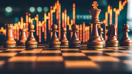 Poster - Chess board with glowing financial data charts and graphs in the background representing strategic decision making investment planning and business intelligence