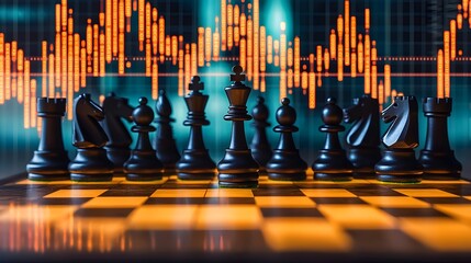 Poster - A chessboard with financial market data charts and other data visualizations glowing in the background creating a conceptual and futuristic scene of strategy analysis