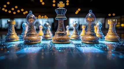 Poster - a futuristic chess game with holographic pieces representing business goals strategy and corporate s