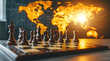 Poster - A chess board set on a desk with a glowing world map shaped strategy display in the background symbolizing the concepts of global business strategic planning decision making and intelligent analysis