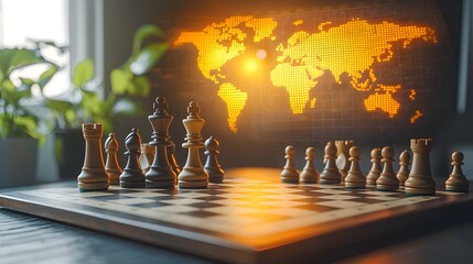 Poster - A chessboard set on a desk with a glowing vivid world map strategy visualization in the background representing global business leadership and problem solving