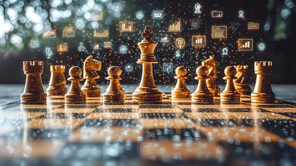 Poster - futuristic chess board with holographic business icons and data visualizations representing strategi