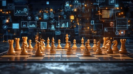 Poster - A chessboard with chess pieces surrounded by a futuristic holographic display of various business icons data analytics and financial symbols   representing strategy intelligence
