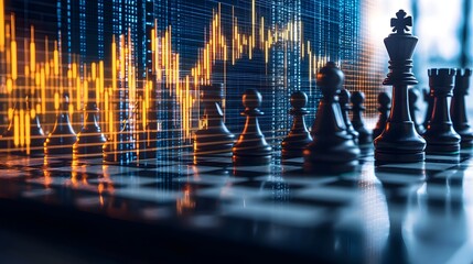 Poster - A close up view of a chess game in progress on a digital board with overlaid financial data and charts representing the strategic interplay of analytics decision making