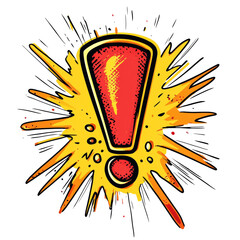 Aufkleber - A stylized exclamation mark explodes in a burst of bright yellow and red creating a dynamic and attention grabbing visual.
