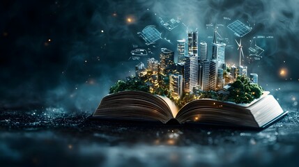 Poster - magical open book with glowing pages depicting a clean energy cityscape powered by solar panels wind