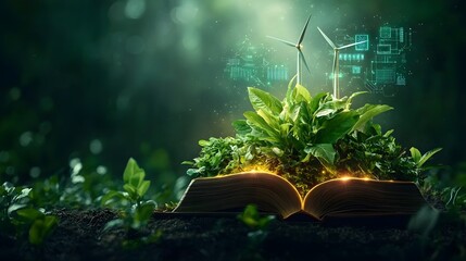 Poster - mystical book with glowing pages showcasing a thriving renewable energy landscape featuring vertical