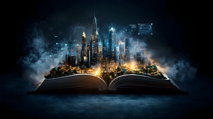 Poster - futuristic open book glowing with vibrant light showcasing an advanced construction site of the futu