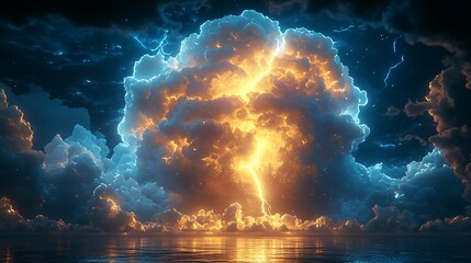 Wall Mural - a dramatic digital artwork depicts a massive storm cloud illuminated by vibrant orange and blue ligh