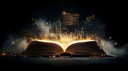 Poster - A surreal open book radiates golden light revealing a highly detailed construction project of a suspension bridge complete with tension cables and towering pillars