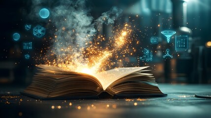 Poster - glowing open book transforming into a futuristic power plant with towering smokestacks turbines and 