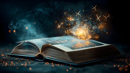Poster - mystical book radiating golden energy revealing a renewable energy power plant with solar farm wind 