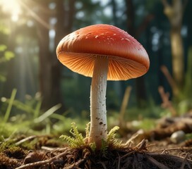 bonnet mushroom's cap and stem aligned with sunlight , forest, beam, shine