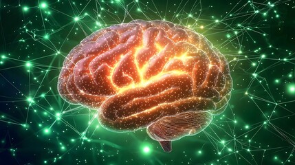 Poster - Glowing brain with luminous connections forming new pathways and synapse networks representing the complexity and dynamism of the human mind and intelligence