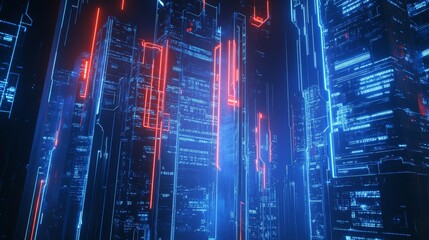 Poster - abstract tech city with blue and red neon glow on black background. realistic vector illustration of