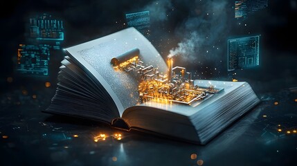 Poster - A glowing open book transforming into a dynamic energy facility with geothermal vents steam turbines and renewable energy storage systems