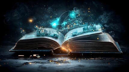 Poster - a surreal open book radiating blue and green energy revealing a large scale hydroelectric power stat