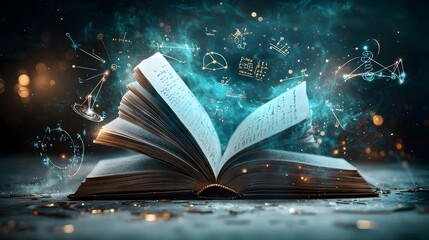 Poster - glowing open book with vibrant blue and golden light its pages transforming into a dynamic scene of 