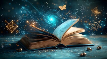Poster - An open book glowing with vibrant blue and golden light its pages transforming into a dynamic scene of physics concepts including a swirling galaxy Newton s cradle in motion
