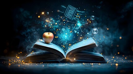 Poster - magical open book with glowing pages showcasing iconic physics phenomena such as an apple falling li