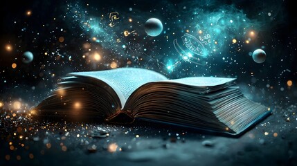 Poster - magical open book with glowing pages depicting iconic physics phenomena such as an apple falling lig