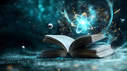 Poster - an enchanted book radiating bright energy revealing a three dimensional atom model planetary orbits 