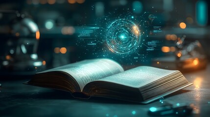 Poster - Futuristic open book glowing with ethereal light its pages showcasing a laboratory scene with a particle accelerator light diffraction experiments and a black hole diagram