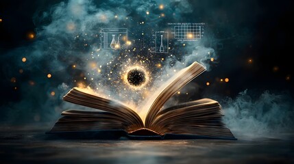 Poster - A futuristic open book glowing with ethereal light its pages showcasing a laboratory scene with a particle accelerator light diffraction experiments and a black hole diagram