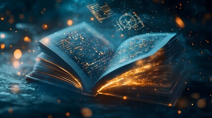 Poster - Futuristic open book glowing with ethereal light showcasing a laboratory scene with a particle accelerator light diffraction experiments and a black hole diagram