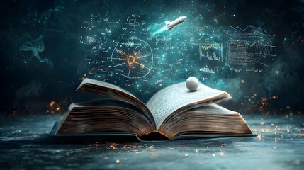 Poster - a mystical book with glowing pages showing detailed physics experiments including a ball rolling on 