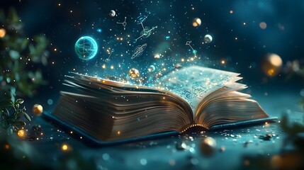 Poster - Illuminated book projecting a vibrant scene of a physics simulation with moving particles oscillating springs and gravitational fields  Floating holograms display energy conservation graphs