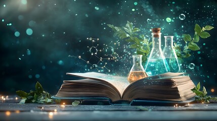 Poster - An open book glowing with vibrant blue and green energy its pages transforming into a dynamic laboratory scene filled with beakers test tubes and colorful chemical reactions