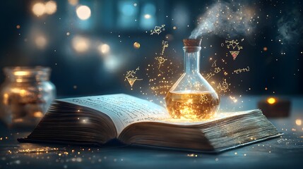 Poster - Enchanted book radiating golden energy revealing a scene of a experiment with vibrant liquids mixing in flasks and pipettes  Holograms of reaction equations pH indicators
