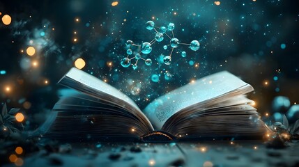Poster - A magical open book with glowing pages depicting a three dimensional model of a molecule surrounded by swirling chemical bonds electron orbits and glowing reaction pathways