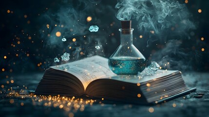 Poster - Mystical chemistry textbook with glowing pages revealing iconic experiments and holographic displays of scientific concepts like valence electrons reaction kinetics and thermodynamic graphs
