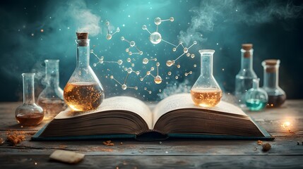 Poster - Glowing open book transforming into a vivid chemistry scene with bubbling flasks distillation setups and vibrant solutions  Floating in the air are molecular models balancing equations