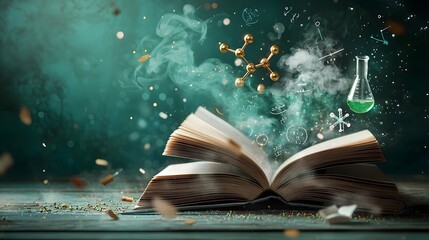 Poster - a glowing open book transforming into a vibrant chemistry scene with bubbling flasks distillation se