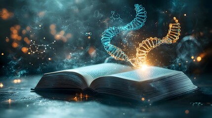 Poster - An illuminated book projecting a colorful and captivating chemical world featuring a 3D DNA strand a glowing ring and dynamic molecular structures in action  Floating holograms of catalyst functions