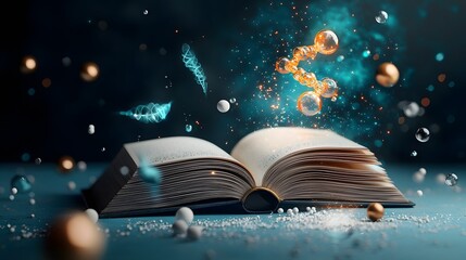 Poster - Illuminated book projecting a vivid 3D chemical world with glowing DNA rings and molecular structures in action  Floating holograms showcase catalyst functions intermolecular forces