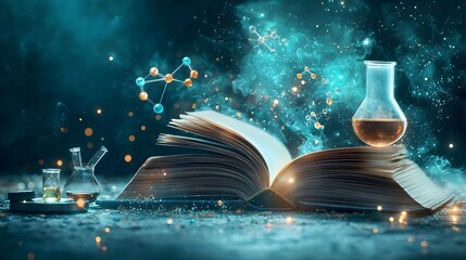 Poster - Glowing book of captivating chemistry showcasing vibrant reaction pathways colorful solutions in test tubes and 3D atomic orbitals