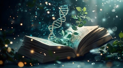 Poster - An illuminated book projecting vibrant 3D holograms of a DNA helix neuron networks the intricate anatomy of flowers and scientific visualizations of metabolic pathways cellular gene editing processes