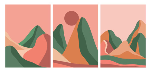 Wall Mural - Abstract mountain illustrations on set. Flat abstract design. Mid century modern minimalist art print. Abstract backgrounds landscape