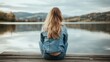 © niti - Portrait from behind of a woman wearing a denim jacket, sitting on a dock by a calm lake, surrounded by mountains